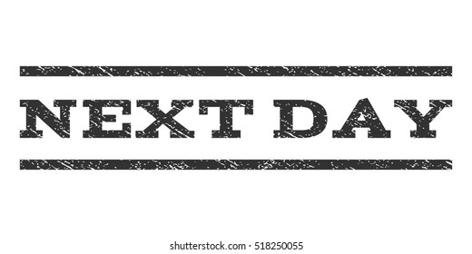 Next Day watermark stamp. Text tag between horizontal parallel lines with grunge design style. Rubber seal stamp with unclean texture. Vector gray color ink imprint on a white background.