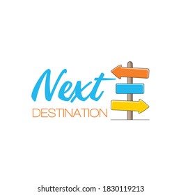 Siguiente ilustración del vector de destino sobre fondo blanco. Diseño de bolsos de viaje para logotipo