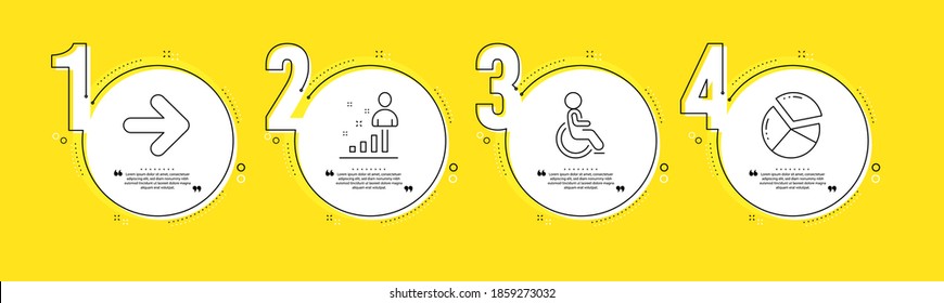 A continuación, se establecen los iconos de línea Desactivado y Estadísticas. Información del proceso de línea de tiempo. Señal de gráfico circular. Adelante, silla de ruedas para discapacitados, análisis de negocios. Gráfica de presentación. Conjunto de tecnología. Vector