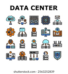 next gen data center automation icons set vector. virtualization scalability, efficiency cloud, edge, ai, iot, security, analytics next gen data center automation color line illustrations