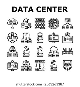 next gen data center automation icons set vector. virtualization scalability, efficiency cloud, edge, ai, iot, security, analytics next gen data center automation black contour illustrations