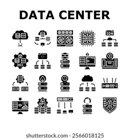 next gen data center automation icons set vector. virtualization scalability, efficiency cloud, edge, ai, iot, security, analytics next gen data center automation glyph pictogram Illustrations