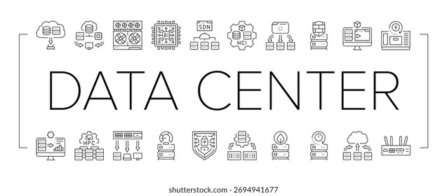 vetor de conjunto de ícones de automação de data center de última geração. dimensionabilidade de virtualização, nuvem de eficiência, borda, ai, iot, segurança, análise automação de data center de última geração ilustrações de contorno preto