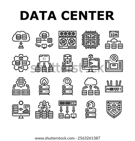 next gen data center automation icons set vector. virtualization scalability, efficiency cloud, edge, ai, iot, security, analytics next gen data center automation black contour illustrations