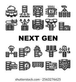 next gen data center virtual icons set vector. automation scalability, efficiency sustainability, cloud, edge, ai, iot, security next gen data center virtual black contour illustrations