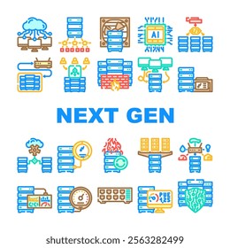 next gen data center virtual icons set vector. automation scalability, efficiency sustainability, cloud, edge, ai, iot, security next gen data center virtual color line illustrations