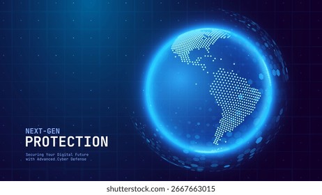 Next Gen Protection Hexagon Shield Globe Earth Planet 3D Sphere. Cyber Security and Network Safety Concept. Healthcare Insurance Shield. Data Privacy. Digital Technology Vector Illustration.