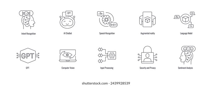 In: Next Gen Tech Icons: Exploring AI Chatbots and Machine Learning. Symbole für Stimmungsanalyse, Sprachmodell, Sicherheit und Datenschutz, Eingabeverarbeitung, GPT, Absichtserkennung und mehr.