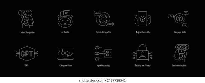 Next Gen Tech Icons: Exploring AI Chatbots and Machine Learning. Icons for Sentiment Analysis, Language Model, Security and Privacy, Input Processing, GPT, Intent Recognition and more.