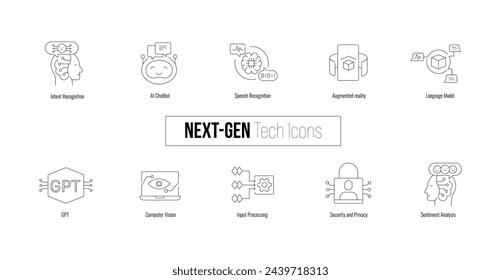 Next Gen Tech Icons. Illustrating Sentiment Analysis, Language Model, Security and Privacy, Input Processing, GPT, Intent Recognition, Augmented reality, Computer Vision and more. Minimal Line Icons.