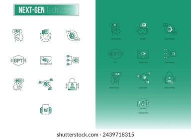 Next Gen Tech Icons. Illustrating Sentiment Analysis, Language Model, Security and Privacy, Input Processing, GPT, Intent Recognition, Augmented reality, Computer Vision and more.Gradient Style.