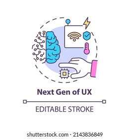 Next Gen Of UX Concept Icon. Ambient User Experience. Tech Macro Trends Abstract Idea Thin Line Illustration. Isolated Outline Drawing. Editable Stroke. Arial, Myriad Pro-Bold Fonts Used