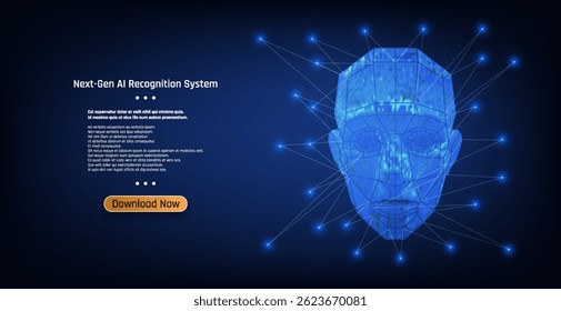 Next generation AI recognition system showcasing a 3D digital facial model on a deep blue background.