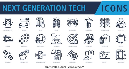 Next Generation Tech Icon Set Outline with microchip, spacecraft, neural implant, wireless charging, space tourism, gene therapy, voice command, prototype