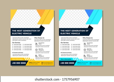 The next generation of vehicle headline on flyer template design with diagonal shape for space of photo. dark blue and yellow color from element design in white background. Abstract geometric vertical