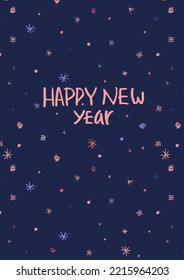Próximo Feliz Año Nuevo, tarjeta de posteos en estilo simple doodle. Relación de aspecto A4. Copos de nieve de fondo azul oscuro, cielo nocturno.