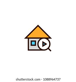 next house search icon. home with magnifying glass and arrow symbol. simple clean thin outline style design.