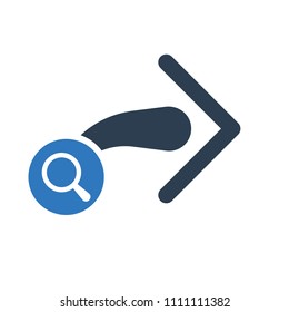 Next icon, arrows icon with research sign. Next icon and explore, find, inspect symbol. Vector illustration