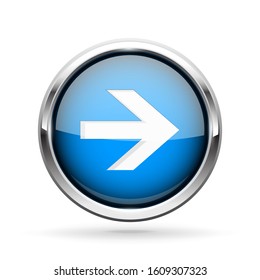 Next icon. Blue shiny 3d button with metal frame and white arrow. Vector illlustration isolated on white background