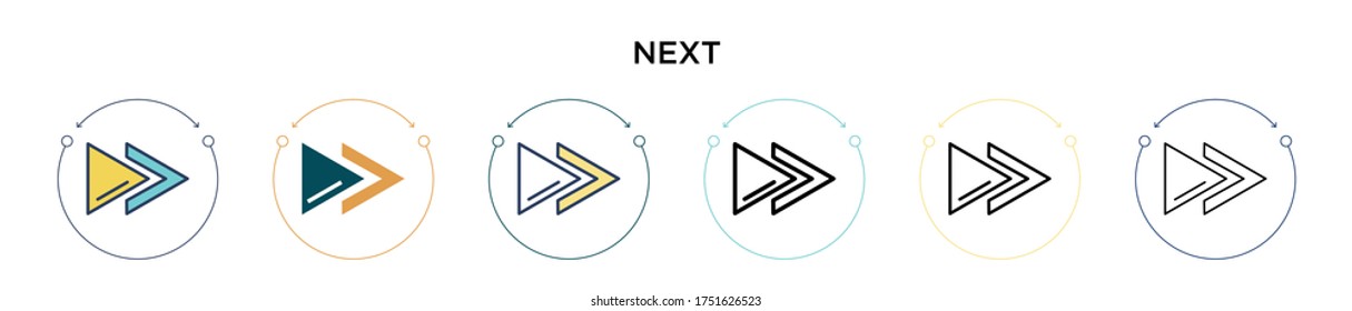 Next icon in filled, thin line, outline and stroke style. Vector illustration of two colored and black next vector icons designs can be used for mobile, ui, web