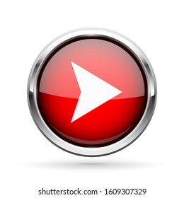 Next icon. Red shiny 3d button with metal frame and white arrow. Vector illlustration isolated on white background