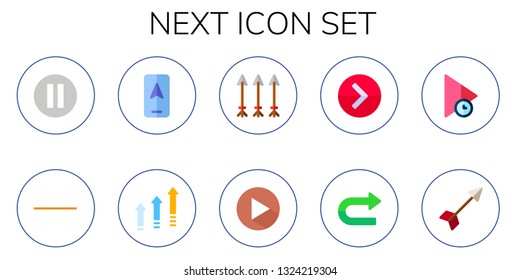next icon set. 10 flat next icons.  Collection Of - pause, substract, arrow, arrows, play, right arrow, turn