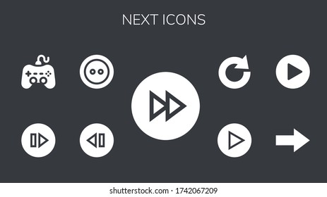 siguiente conjunto de iconos. 9 iconos siguientes rellenados.  Iconos modernos sencillos como: Adelante, Saltar, Botón, Reproducir, Siguiente, Rehacer