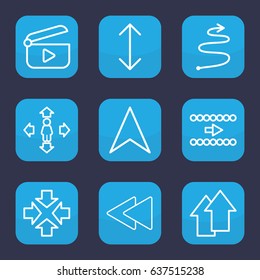 Next icon. set of 9 outline next icons such as man move, navigation arrow, play back, arrow up, play