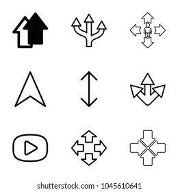 Next icons. set of 9 editable outline next icons such as arrow up, move, arrow, navigation arrow, play