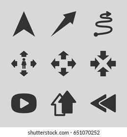 Next icons set. set of 9 next filled icons such as man move, navigation arrow, play back, arrow up, play