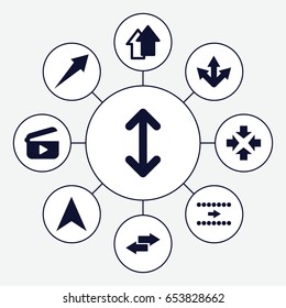 Next icons set. set of 9 next filled icons such as navigation arrow, arrow up, arrow, play