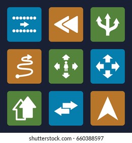 Next icons set. set of 9 next filled icons such as man move, navigation arrow, play back, arrow up