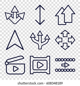Next icons set. set of 9 next outline icons such as navigation arrow, play, arrow up, arrow