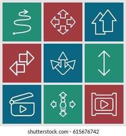Next icons set. set of 9 next outline icons such as man move, play, arrow up, arrow, curved arrow