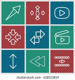 Next icons set. set of 9 next outline icons such as man move, play back, arrow, play