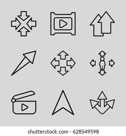 Next icons set. set of 9 next outline icons such as man move, navigation arrow, play, arrow up, move