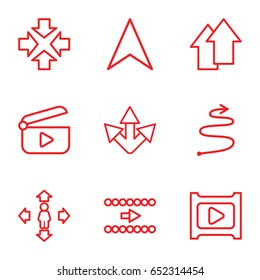 Next icons set. set of 9 next outline icons such as man move, navigation arrow, play, arrow up