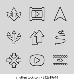 Next icons set. set of 9 next outline icons such as navigation arrow, play, arrow up