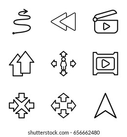 Next icons set. set of 9 next outline icons such as man move, navigation arrow, play back, play, arrow up, curved arrow