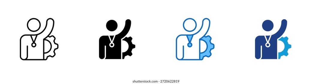 O próximo líder múltiplo estilo ícone Design Vetor - pessoa usando uma medalha e levantando um braço ao lado de uma engrenagem, simbolizando realização, prontidão, e pisando em um papel de liderança
