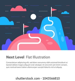 Next level concept, upgrade, way to success, reach goal, higher and better, motivation and improvement, long term ambition, future aspiration, vector flat illustration