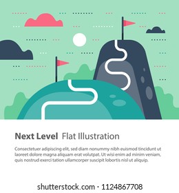 Next level concept, upgrade, way to success, reach goal, higher and better, motivation and improvement, long term ambition, future aspiration, vector flat illustration