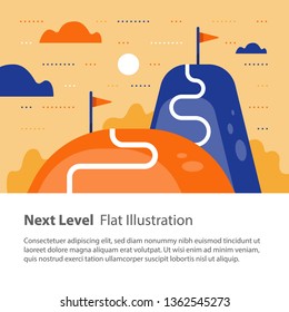 Next level concept, upgrade, way to success, reach goal, higher and better, motivation and improvement, long term ambition, future aspiration, vector flat illustration