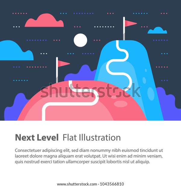 次のレベルのコンセプト アップグレード 成功への道 目標達成 高い目標達成 動機付けと改善 長期的な野心 将来の憧れ ベクターフラットイラスト のベクター画像素材 ロイヤリティフリー