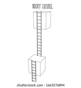 Next level with high giant box wall towards the sky with clouds and tall ladders. Pass challenge to reach the goal concept. Wireframe low poly mesh vector illustration.