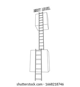 Next level with high giant box wall towards the sky with clouds and tall ladders. Pass challenge to reach the goal concept. Wireframe low poly mesh vector illustration.