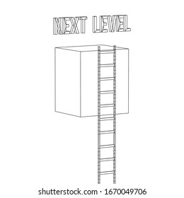 Next level with high giant box wall towards the sky with clouds and tall ladders. Pass challenge to reach the goal concept. Wireframe low poly mesh vector illustration.