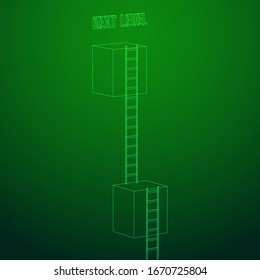 Next level with high giant box wall towards the sky with clouds and tall ladders. Pass challenge to reach the goal concept. Wireframe low poly mesh vector illustration.