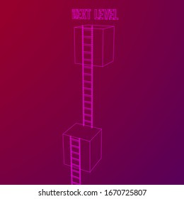 Next level with high giant box wall towards the sky with clouds and tall ladders. Pass challenge to reach the goal concept. Wireframe low poly mesh vector illustration.