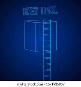 El siguiente nivel con pared de caja gigante hacia el cielo con nubes y escaleras altas. Superar el desafío para alcanzar el concepto de meta. Ilustración vectorial de malla baja del bastidor de alambres.